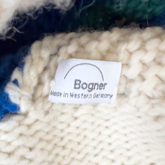 Bogner Beanie Hat Chunky Knit Retro Vintage Ivory Blue Green Germany Ski Winter - Picture 3 of 3